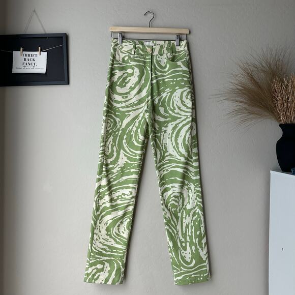 Vatka Vatka Pants Lokum Green & Cream Swirl Printed Straight Leg Trousers Size 4 - Picture 2 of 7